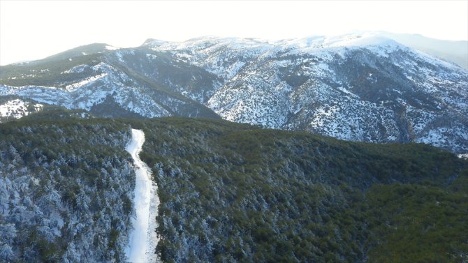 Spil Dağı Milli Parkı'nda kar manzarası havadan görüntülendi