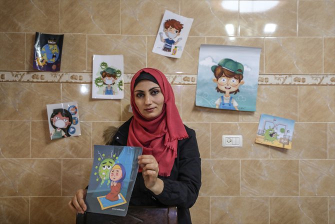 Filistinli genç kız renkli çizimlerle çocuklara koronavirüsü anlatıyor
