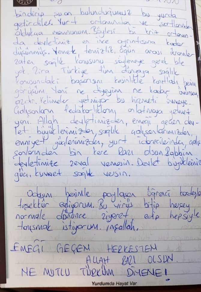 Bursa'daki yurtlarda karantinada kalanlardan teşekkür mektupları