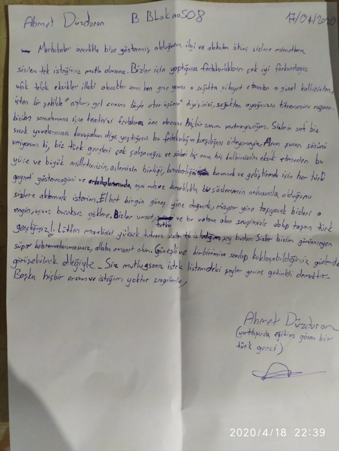 Ordu'da yurtlarda karantinada kalanlardan teşekkür mektupları