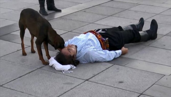 Rolü gereği yaralanıp yere düşen tiyatrocuya sokak köpeği yardım etmeye çalıştı
