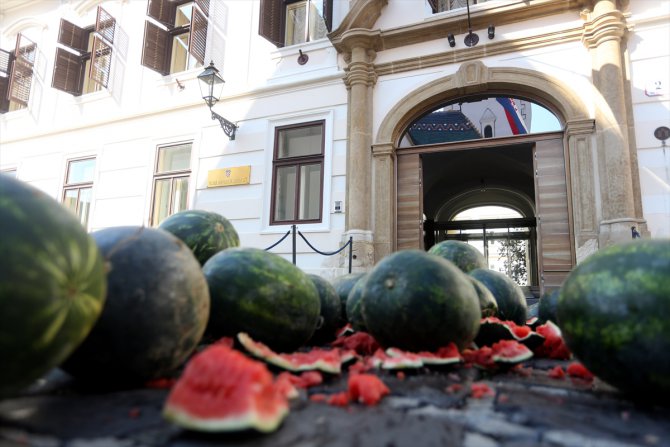 Hırvatistan'da eşitsizlikten şikayetçi çiftçiler hükümet binası önünde karpuz yığdı