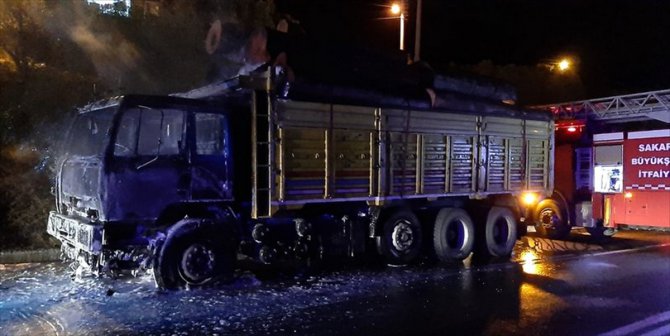 Sakarya'da seyir halindeki tomruk yüklü kamyon alev aldı